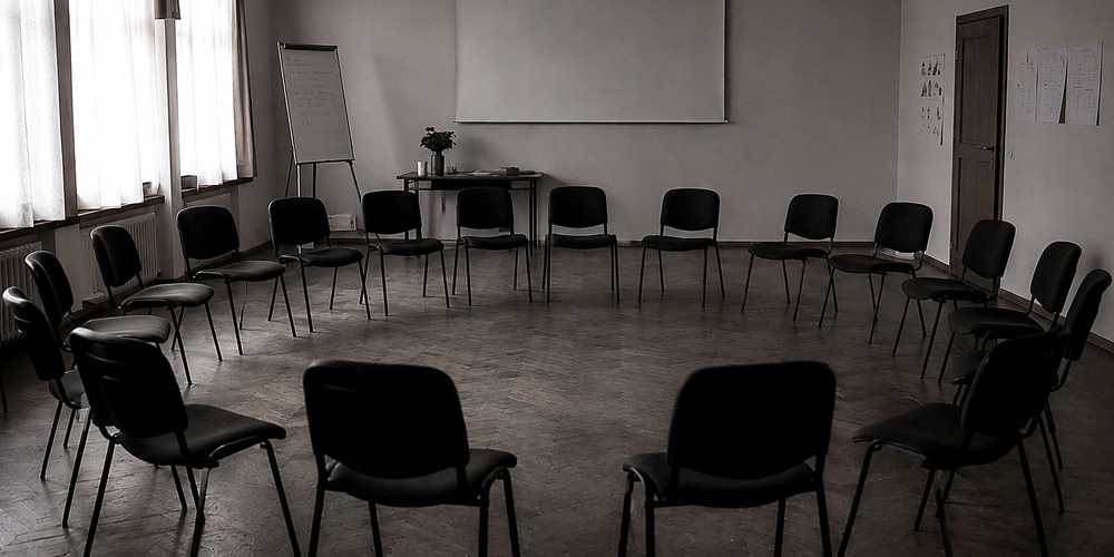 A training room with chairs arranged in a wide circle, empty
