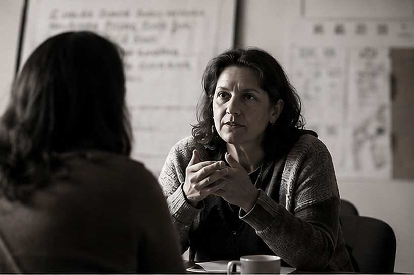 Two participants in conversation across a table